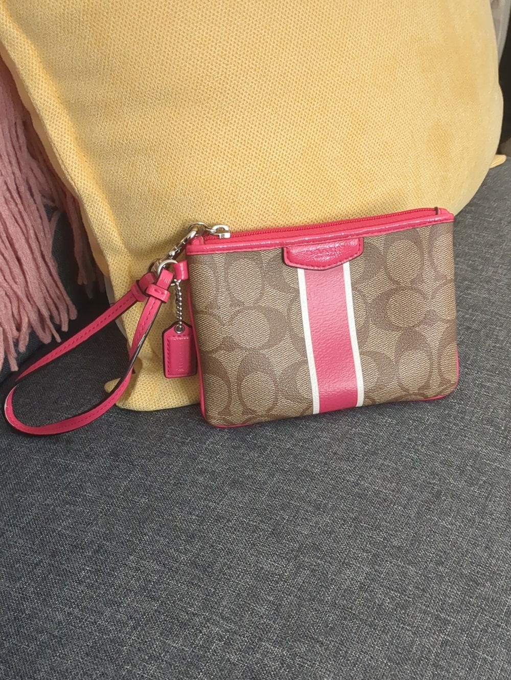 Coach Signature Canvas Wristlet with Pink and White Center Stripe